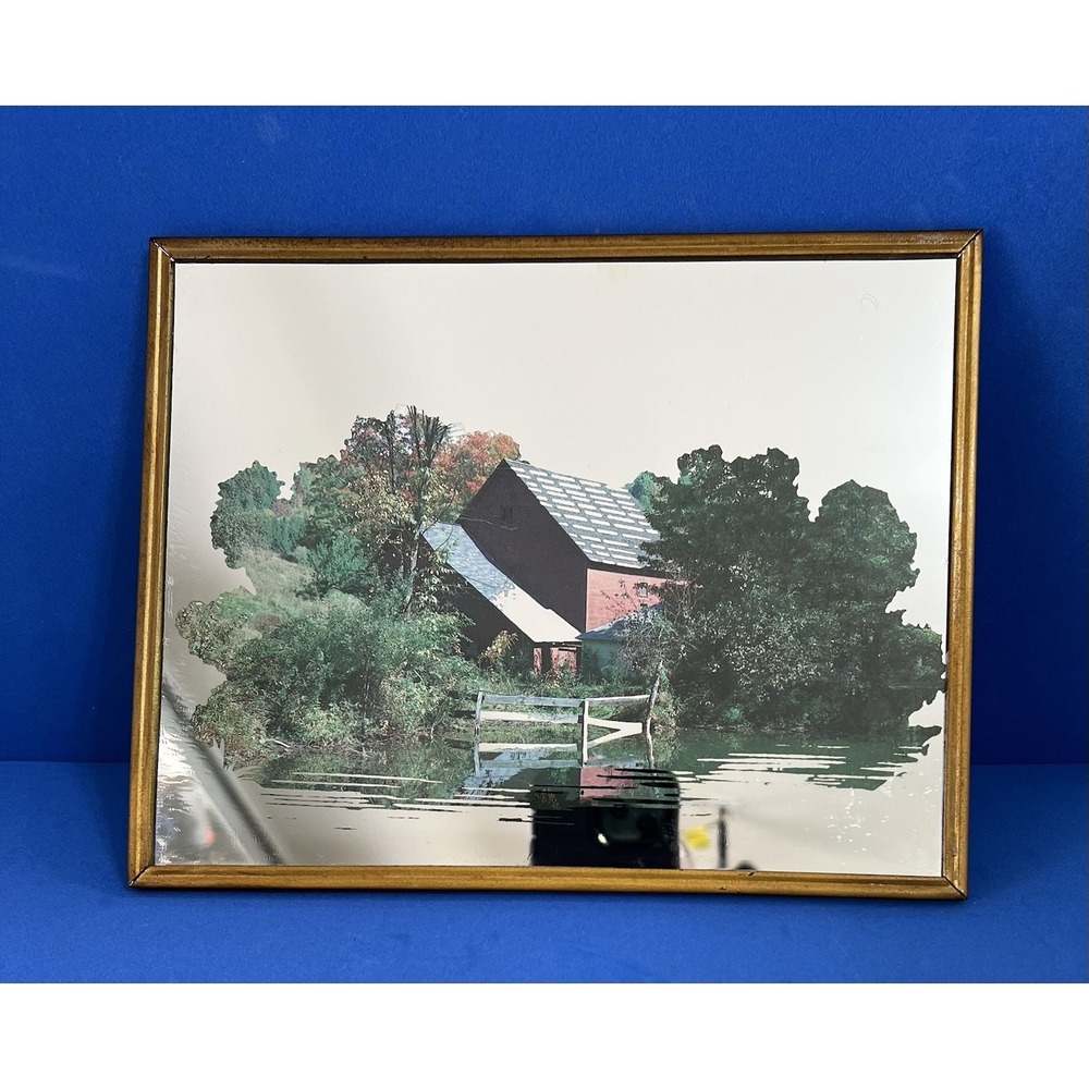 Vintage Framed Copper Plated  Mirror Red Faded  Barn with Fence